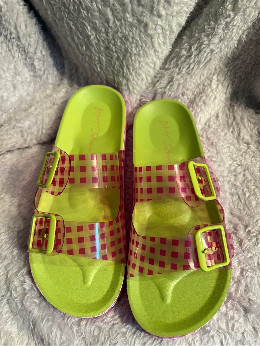 NWT-Bright Lime & Pink Check Slide Sandals
